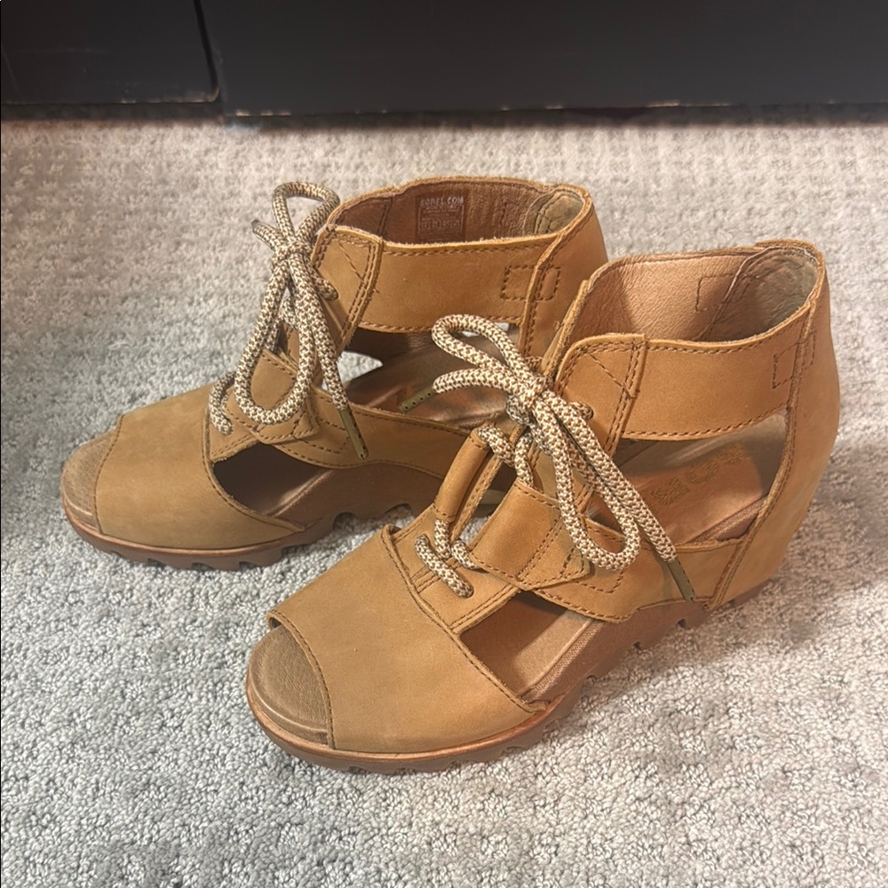 Sorel Tan Heeled Sandals with Lace-Up Design